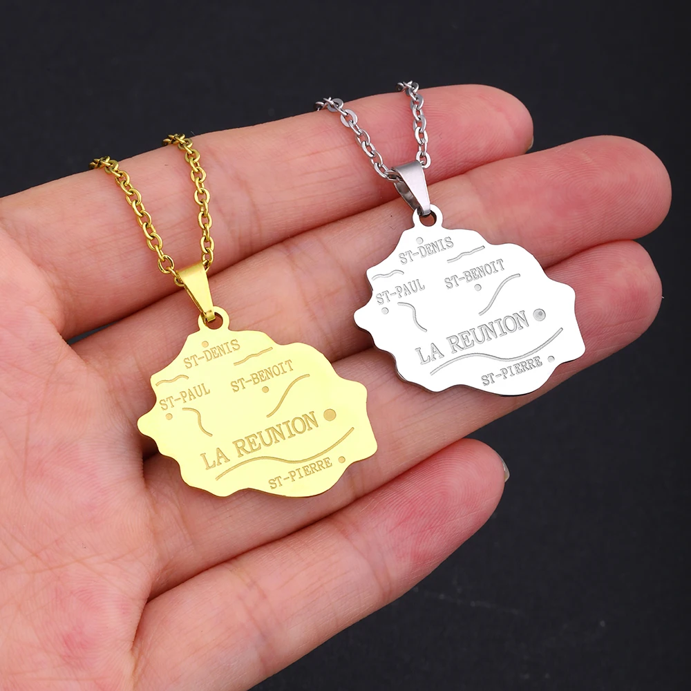 France Reunion Island Map Pendant Necklace Stainless Steel For Women Girls Gold Silver Color Charm Fashion Female Choker Jewelry