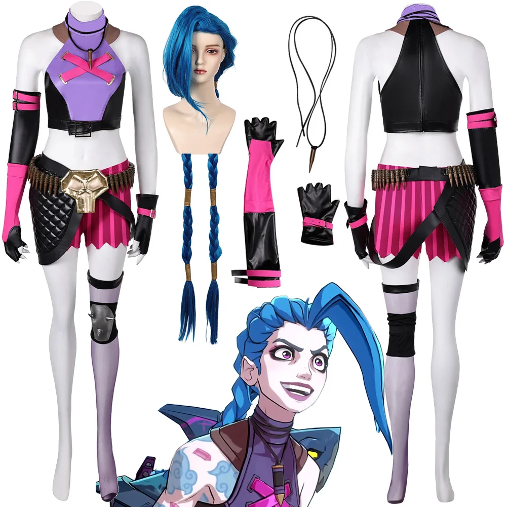 Необычные преувеличенные Jinx косплей для женщин парики одежда боевая игра LoL KO