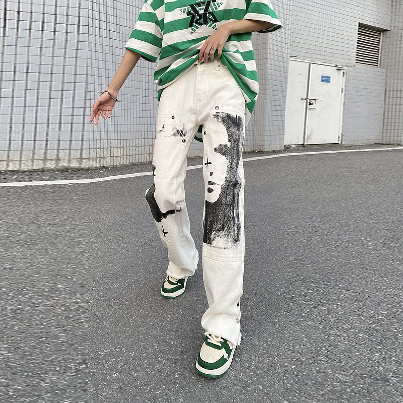 Men Punk Denim Pants Y2K Streetwear Hip Hop Graffiti Graphic Print Straight Jeans Pants Fashion Harajuku Casual Trousers Grunge