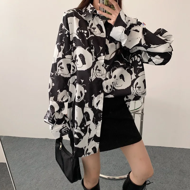 QWEEK Harajuku Shirt Women Panda Print Shirt Long Sleeve Top Haut Printemps Femme 2021 Tomboy Style Animal Kawaii Blouses Gothic