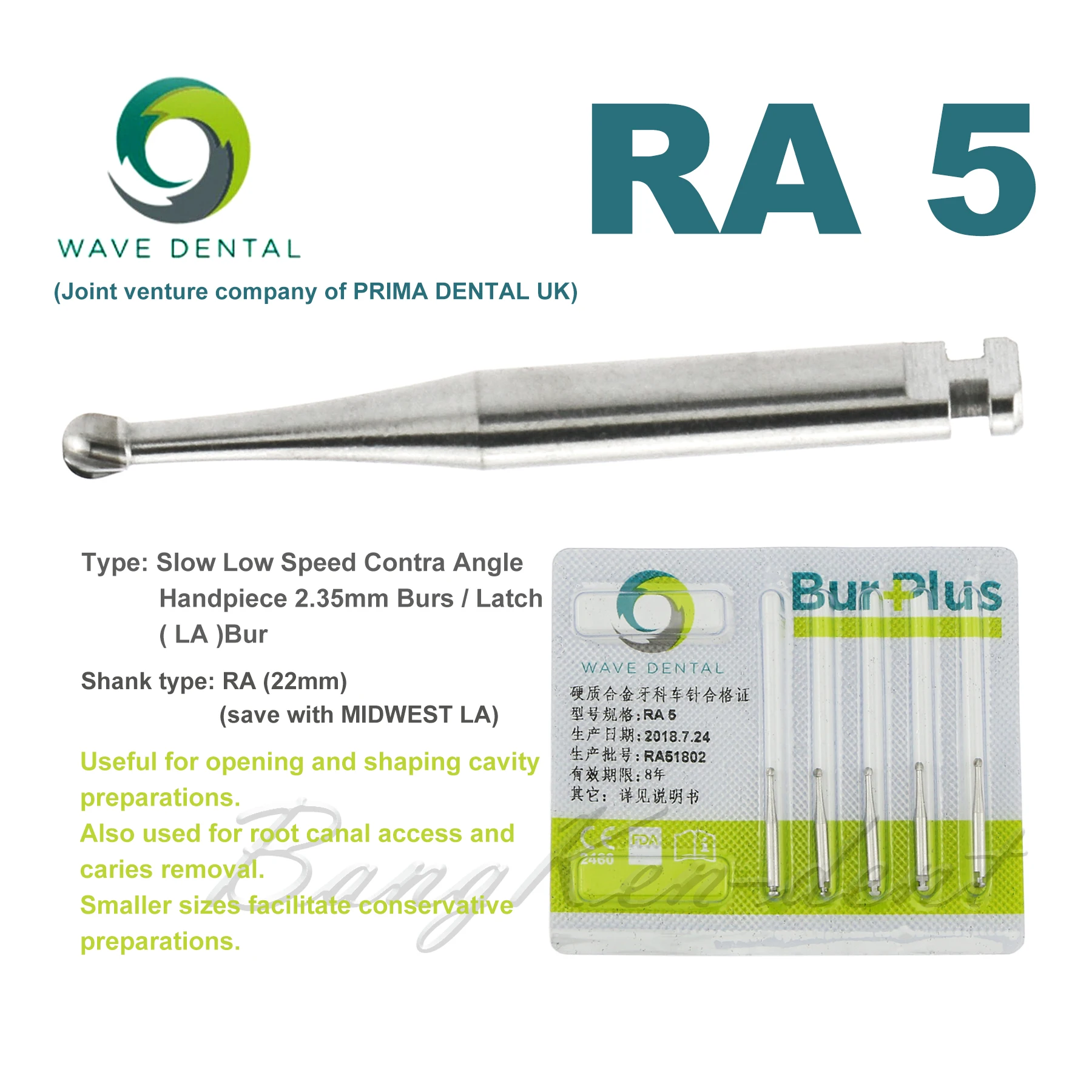 

5Pcs WAVE Dental Bur Plus Tungsten Carbide Latch CA Burs Round Drill RA 5 Fit Low Speed Contra Angle Handpiece 2.35mm