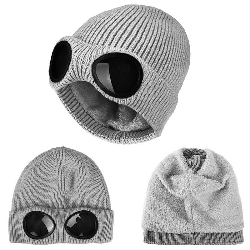 Зимняя шапка с очками 2021 New Winter Glasses Hat CP Ribbed Knit Lens Beanie Street Hip Hop Knitted Beanies Thick Fleece Warm For Women Men.
