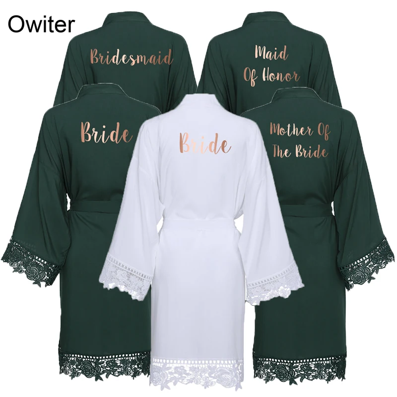 2022 Green Solid Cotton Kimono Bride Bridesmaid Robes with Lace Trim Women Wedding Bridal Robe Bathrobe Sleepwear White