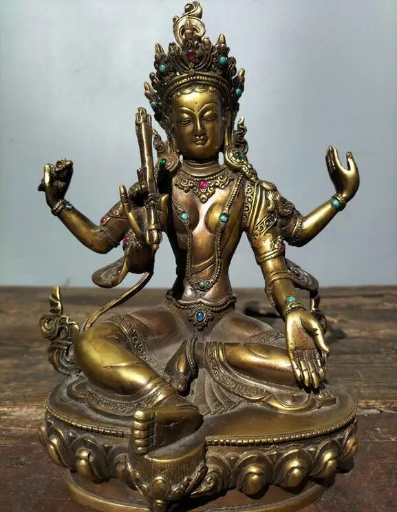 

8,4 "Старая тибетская буддистская медная 4-ручная статуя Гуаньинь Kwan-Yin Будда Лотос