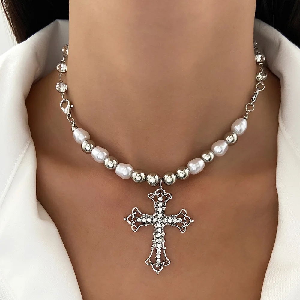 

Alloy Necklace Vintage Y2k Accessories Pearl Cross Pendant With Punk Versatile Necklace For Women Punk Hip Hop Pendant