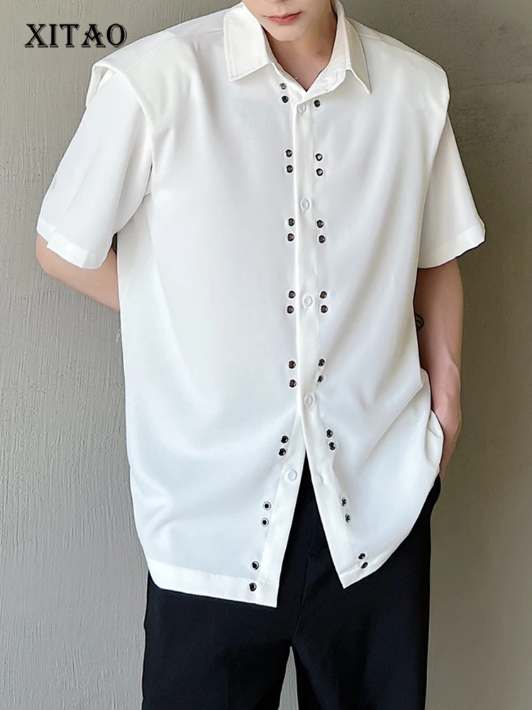 

XITAO Solid Color Casual Shirt Fashion Loose Breathable Hollow Out Metal Sheets Decorate Women Top Summer All-match New WMD6799