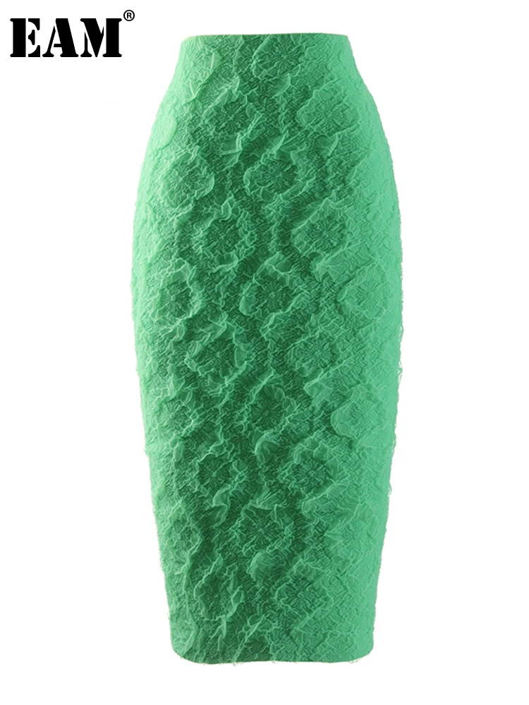 

[EAM] High Waist Green Mesh Jacquard Elegant Long Pencil Half-body Skirt Women Fashion Tide New Spring Autumn 2022 1DE7375