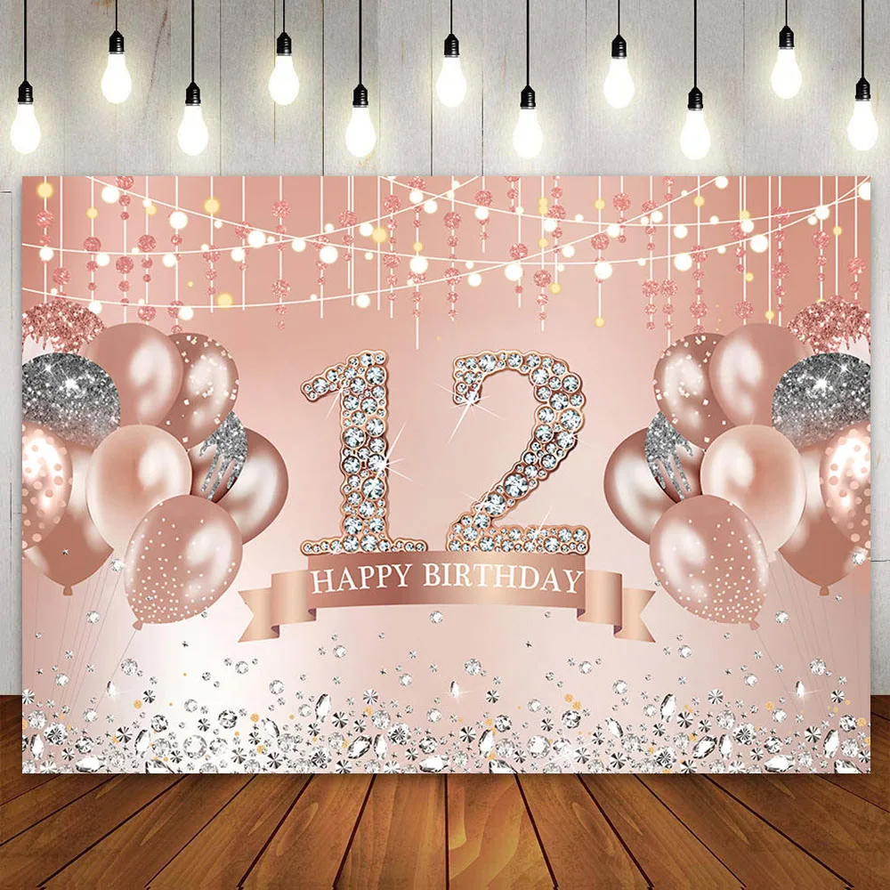 

Happy 12th Birthday Backdrop for Girls Twelve Years Old Pink Rose Gold 12 Bday Party Decoration Banner Photography Background