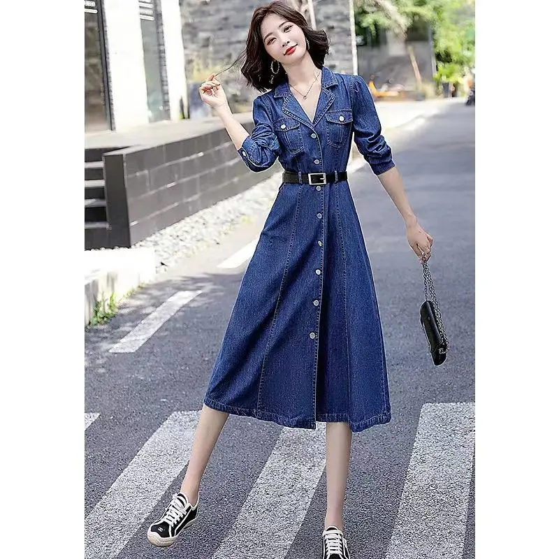Джинсовое платье с длинными рукавами в стиле ретро для женщин весна/лето новый