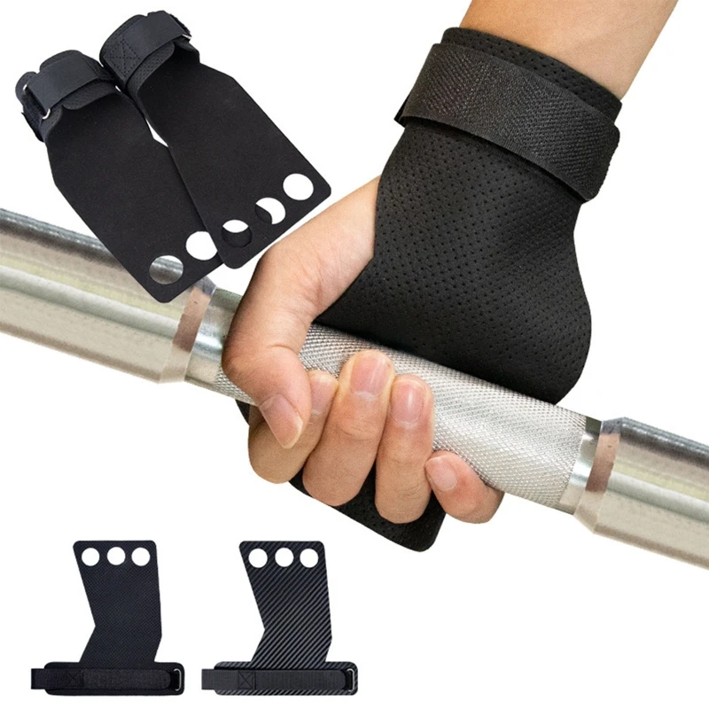 

3 Hole Gloves Hand Grips, Weightlifting Pull Up Training w/ Palm Protection, Adjustable Wrist Straps Support - Men Women