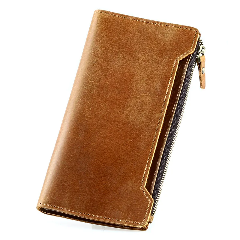 

Men Genuine Leather Wallet Men Coin Purse Vintage Long Men Wallets Zipper Purse Solid Card Holder Clutch Carteira Hombre Male