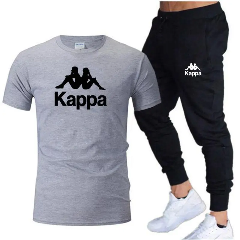 Kappa Fitness Jogging Suit Sportswear Printed Short-sleeved T-shirt+trousers Men's and Women's Sports Men's Summer Cotton Style