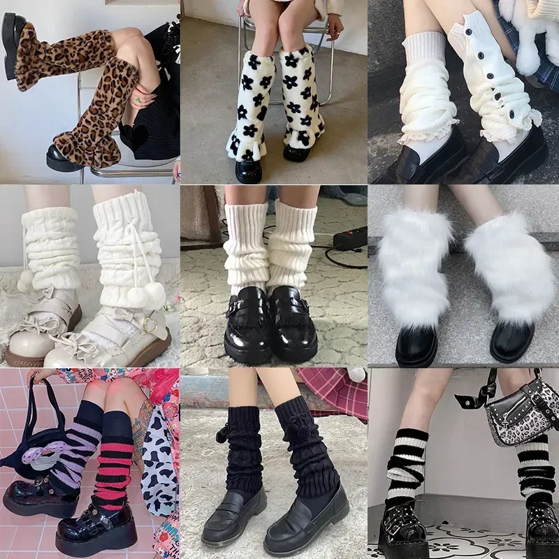 Стильные кавайные плюшевые гетры, зимние длинные носки, чулки, женские свободные до колена в стиле Харадзюку, вязаные леггинсы, теплые 