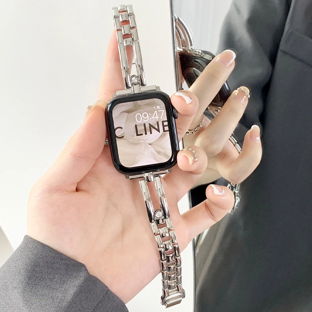 

Тонкий браслет для Apple Watch Band Se 6 38 мм 44 42 40 мм 41 45 мм, роскошный тонкий ремешок для iWatch Series 7 6543, Женский металлический браслет