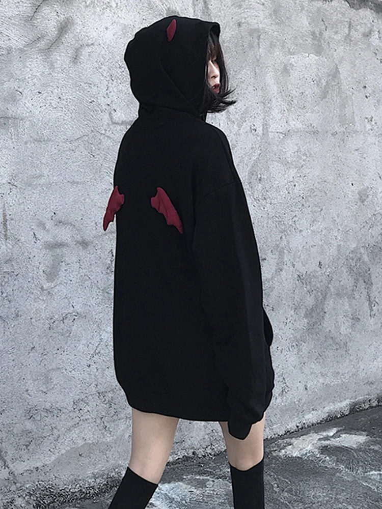 Harajuku Hoodies Girl Little Devil Horns Gothic Hooded Sweatshirts Women Demon Fly Wings Loose Pullovers Pocket Tops Streetwear