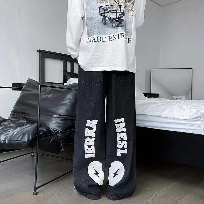 Fashion Jeans Men's Light Blue Love Print Design Sense American Hip-hop Trousers Loose Straight Leg High Street Men's Streetwear