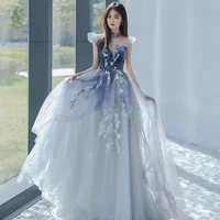 new light blue prom dresses a line high neck starry brilliant appliques puff sleeve evening wedding party gowns robes de soiree