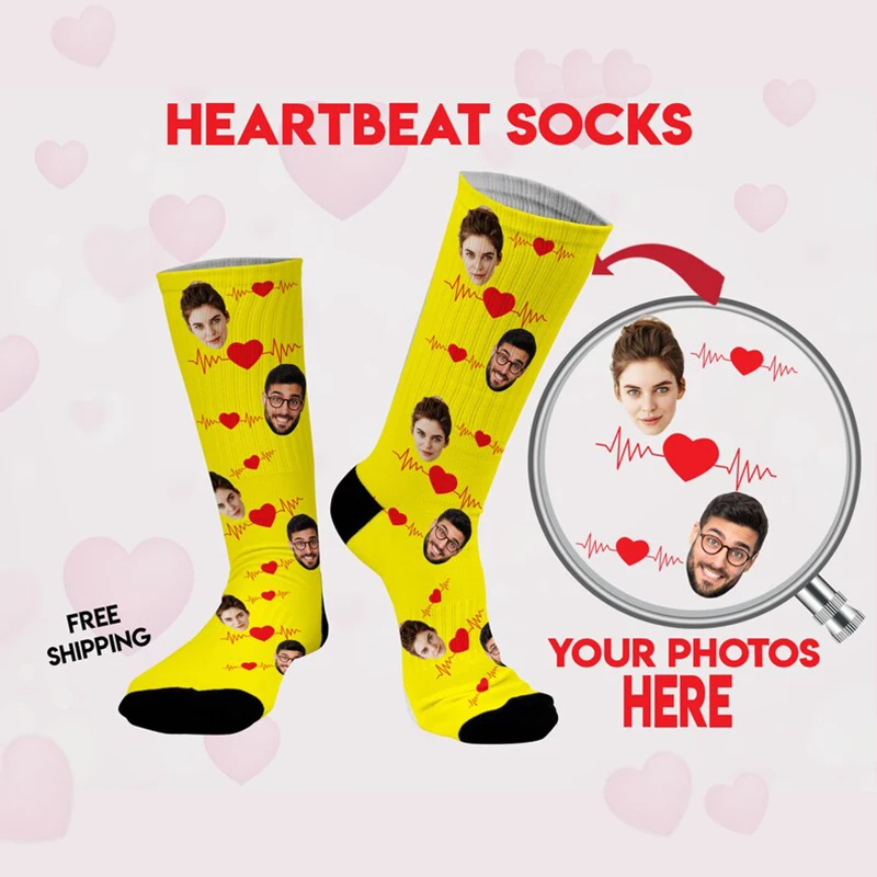 Custom Heartbeat Men Women Socks 3D Printed Fashion Face Custom Cotton Socks Suitable Gifts For Birthday Commemorative Day