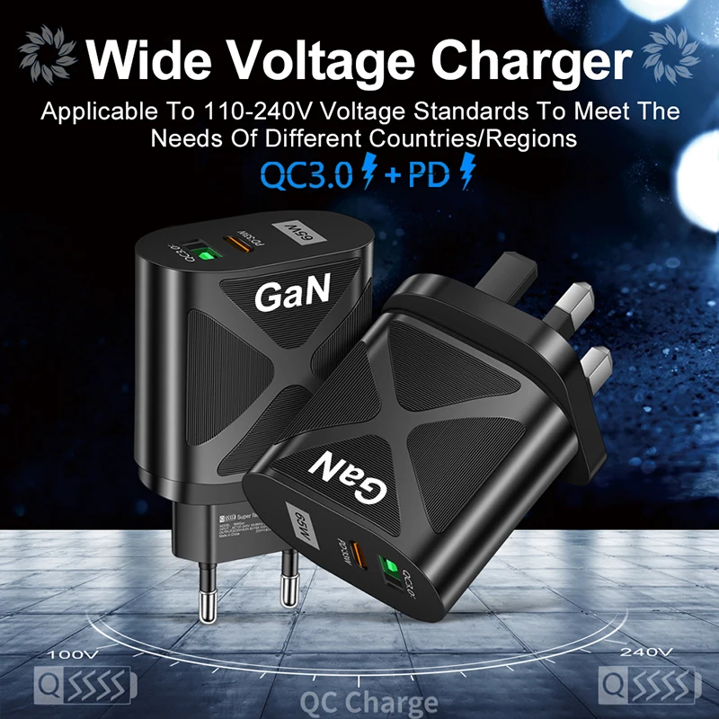 Быстрое зарядное устройство 65 Вт GaN US/EU/UK штепсельная вилка Type-C PD + QC3.0 USB 5 В/6.6A 9 В/3A