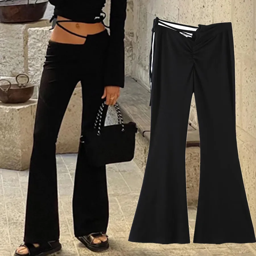 

Withered 2022 Ins Blogger Fashion Pants Women High Street Vintage Bandage Hollow Out Sexy Knitted Flare Pants Women Casual