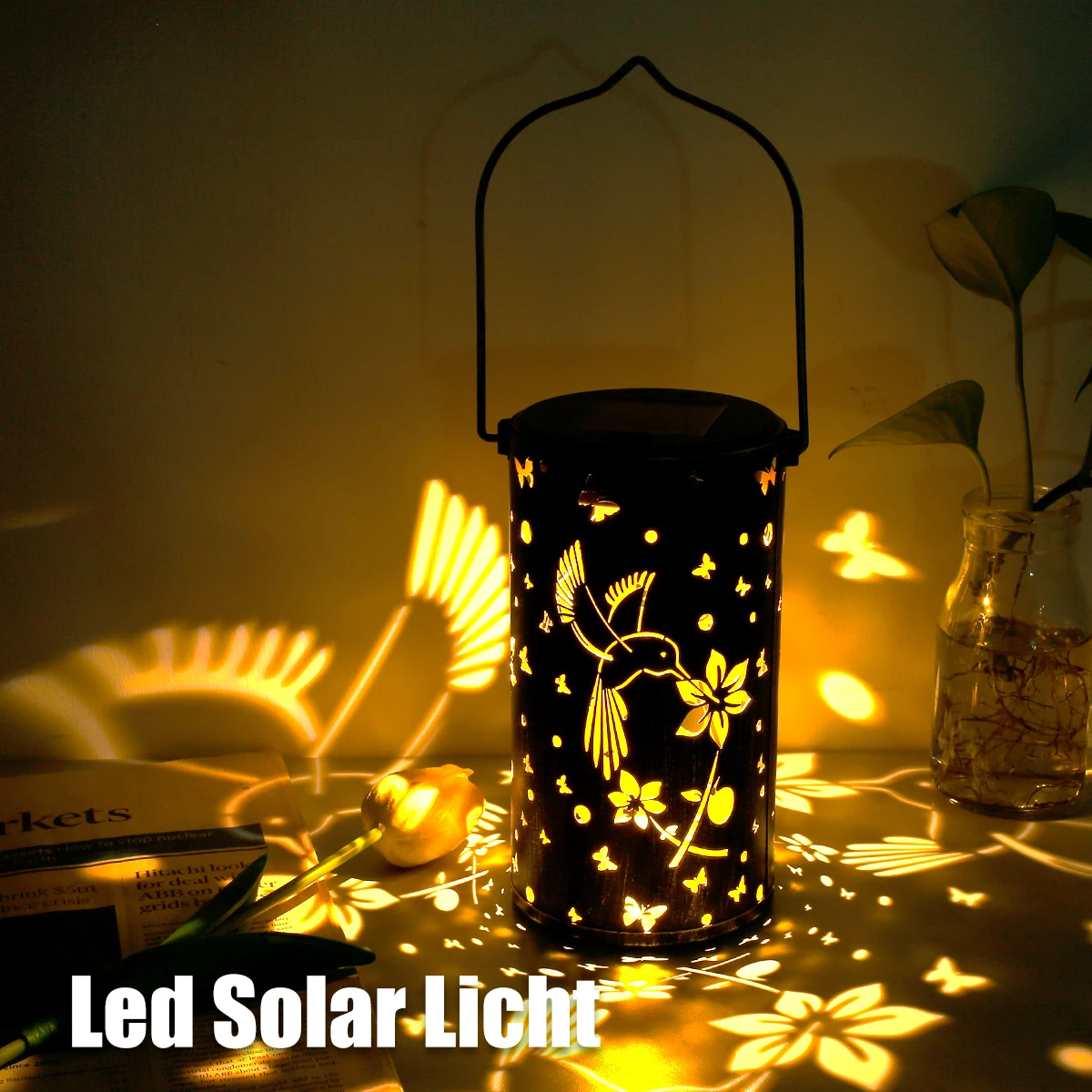 

LED Retro Garden Solar Lamp Metal Hollow Shadow Projection Hanging Lantern Outdoor Lighting Waterproof Landscape Light