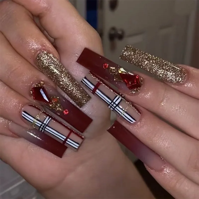 

3D fake nails set press on faux ongles capsule long french coffin tips gold glitter diamond design DIY manicure false nail kit