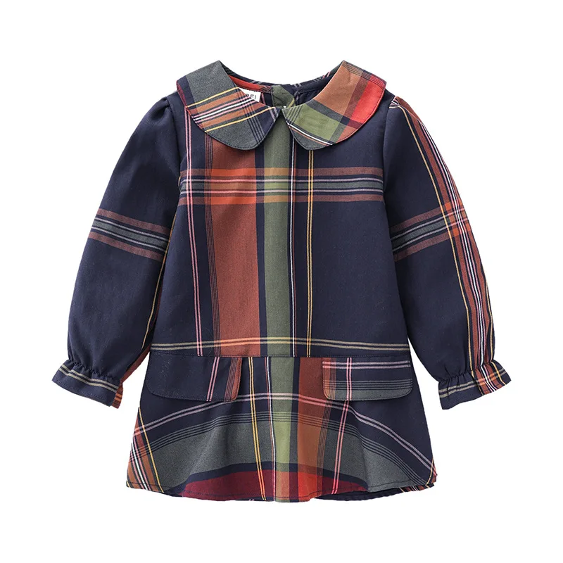 

Spring Autumn Girls Clothing Cute Children Dresses Kids Baby Girl Plaid Cotton Lapel Collar Dress Long Sleeve Dress