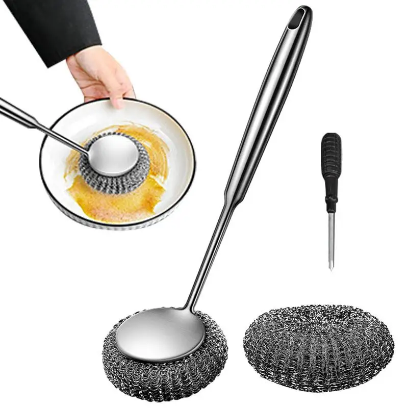 

Stainless Steel Wool Scrubber With Handle Reusable Dishes Cleaning Scrubbers Multipurpose Pot Cleaners For Kitchen Accessories