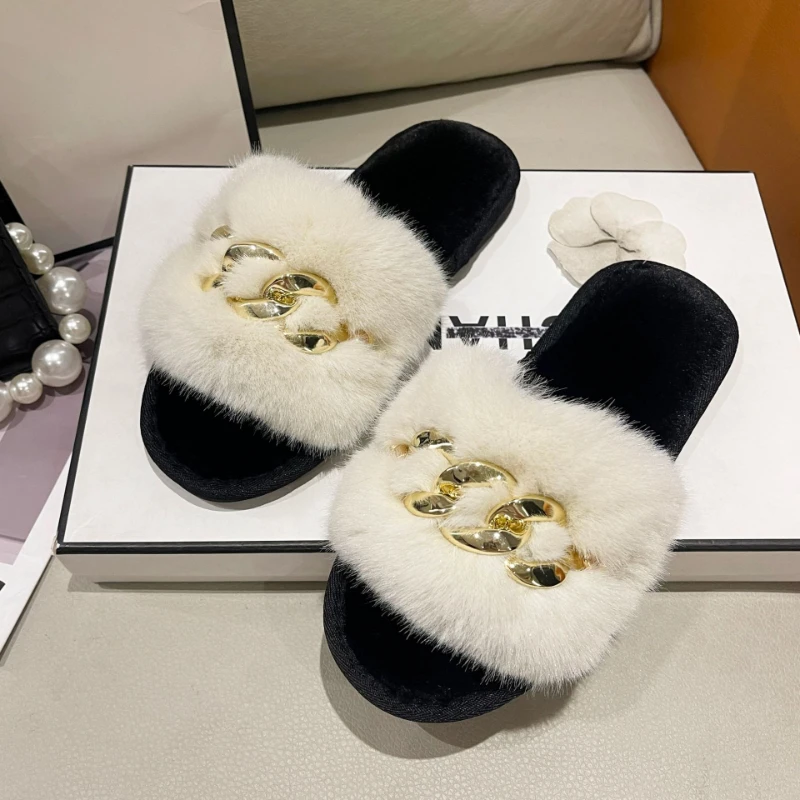 A Word Slippers 2022 New Female Fur Flat Bottom Slippers Hair Open Cotton Slippers Fur Slippers Versatile Slippers Warm Slippers