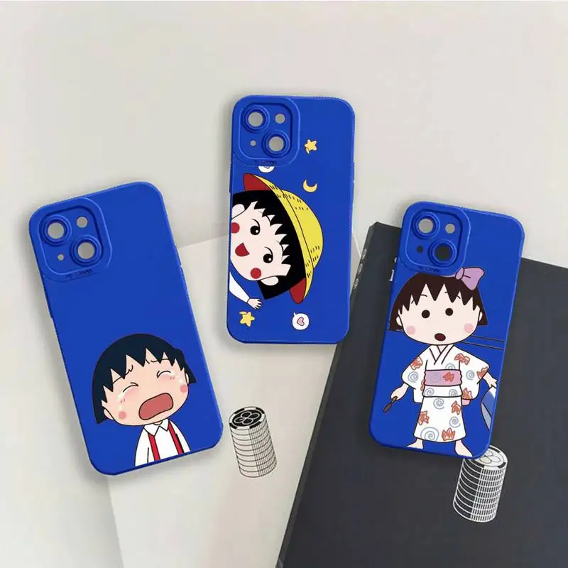 

Chibi Maruko-chan anime Phone Case For iPhone 13 12 11 Pro MAX Mini X XS XR 7 8 Plus Camera Lens Liquid Silicone Klein Blue