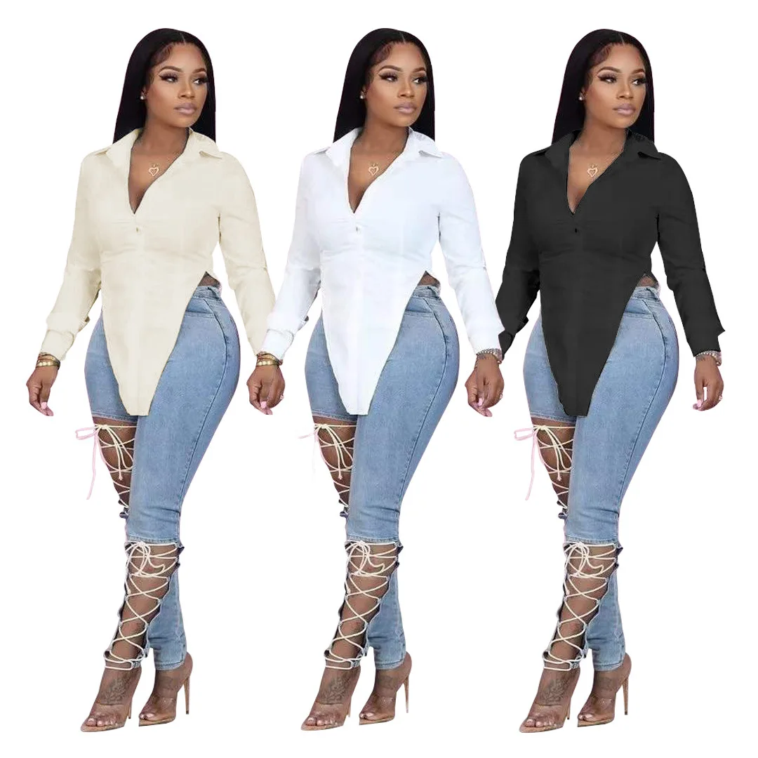 

43M6583 Spring and Winter Women Casual Fashion Solid Long Sleeve Cute Triangle Split Shirt Hot