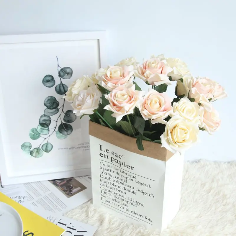 

Artificial Roses Branch Flowers Wedding Home Decoration Flannel Fabric Cute Pink Fake Flowers Crafts Party Decor