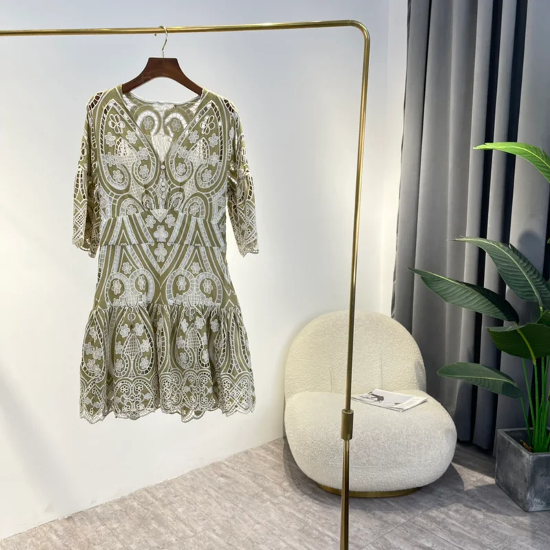Женское мини-платье с вышивкой и полым цветком винтажное модное Хлопковое платье