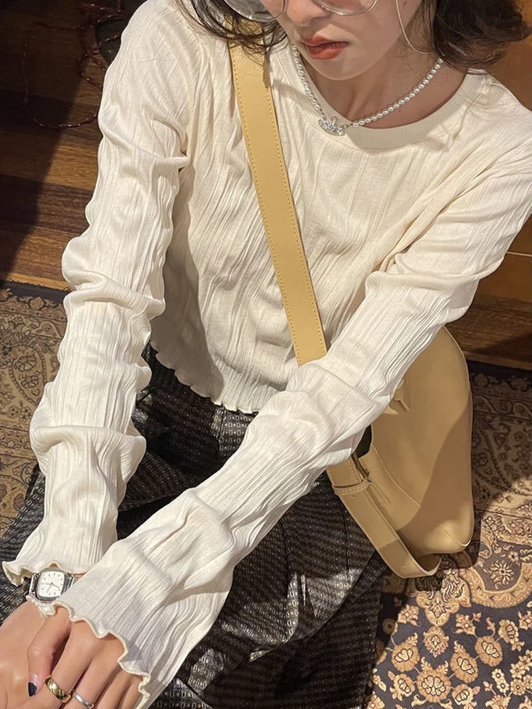 

Vintage Pleated Long Sleeve T-shirt Women Spring Autumn Casual Slim Basic Tee Shirts Korean Cintage Solid Crop Ruffle T Shirt
