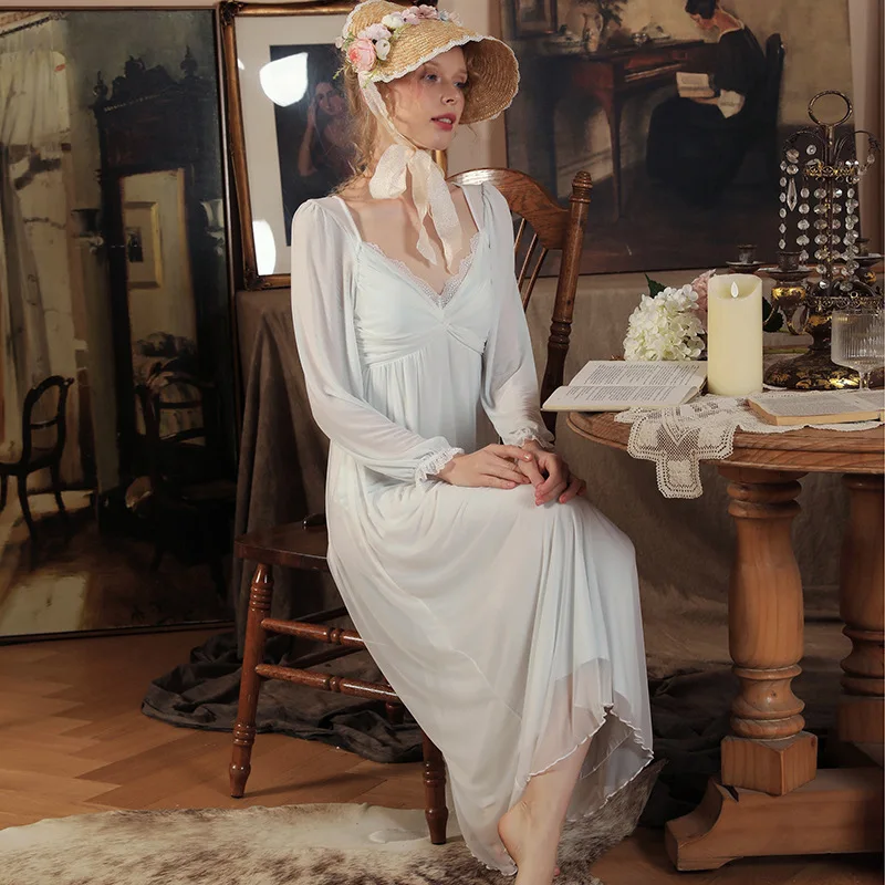 NEW Women's Retro Court Style V Neck Gauze Stitching with Removable Chest Pad Modal Nightgowns Sleepshirts Sleepwear