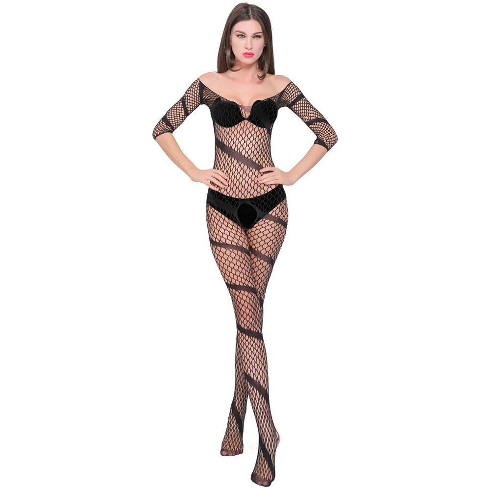 

Plus Size Lingerie Stockings Sexy Diagonal Stripe Cutout Jumpsuit Open Crotch Lingerie Bodysuit American Clothing