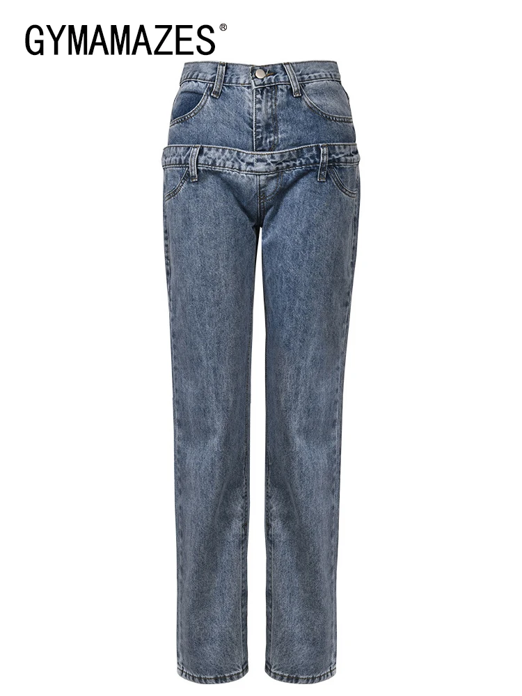 

GYMAMAZES Minimalist Patchwork Button Jeans For Women High Waist Casual Loose Wide Leg Pants Female Fashion Style Clothing 2023