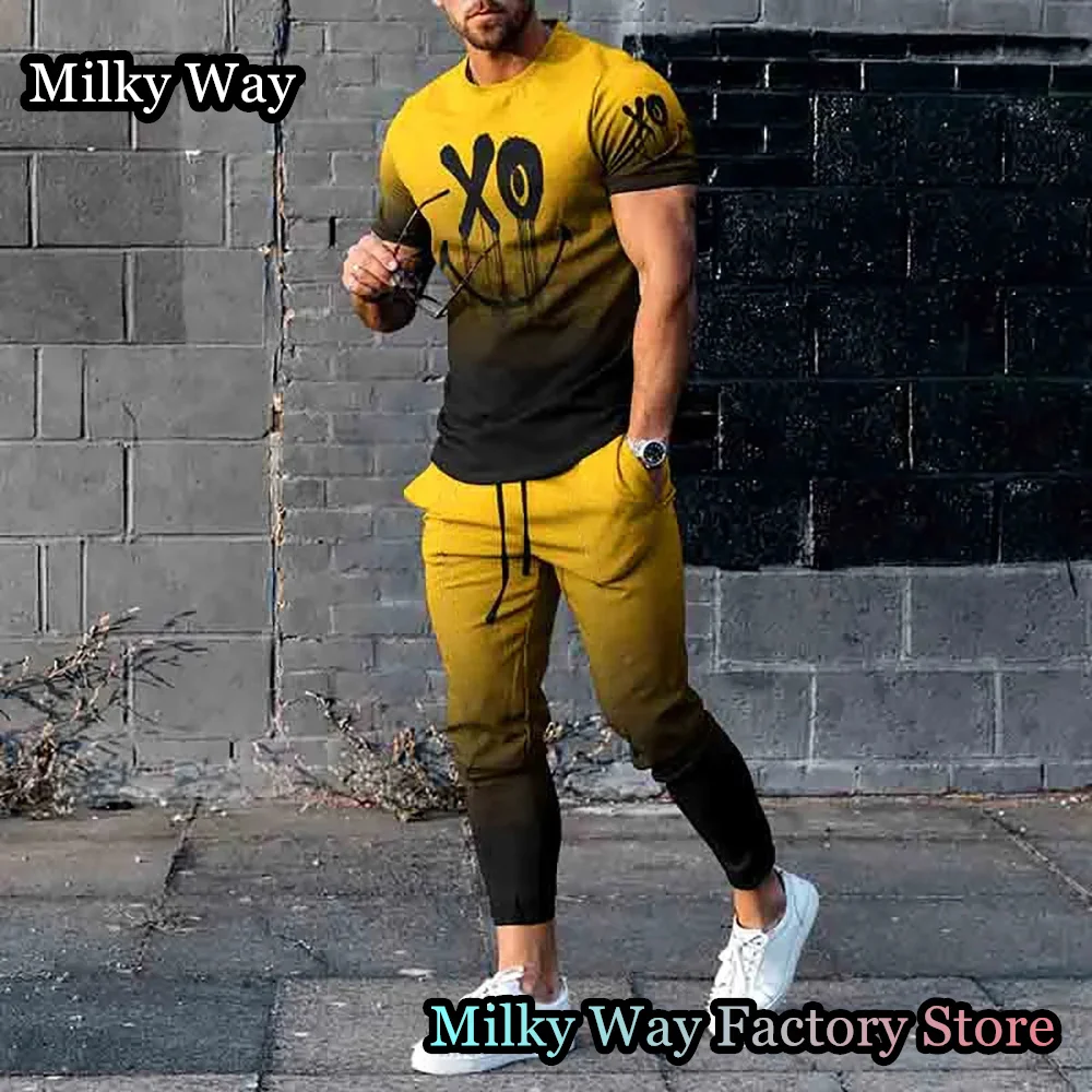 Summer Men Tracksuit 2 Pieces Gradient Color T-Shirt Trousers Set Casual Jogging Suit Fashion Outfit Male Smile Streetwear