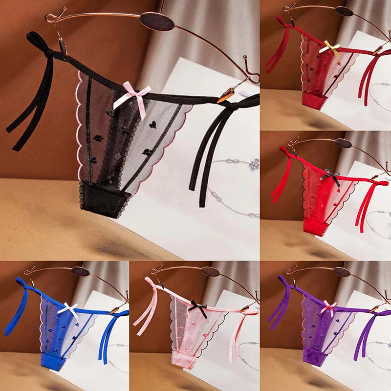 

1Pcs Sexy Transparent Embroidery Mesh Thong Bandage Bow Strap Women Panties Briefs Adjustable Multi-color Love G-String Pants
