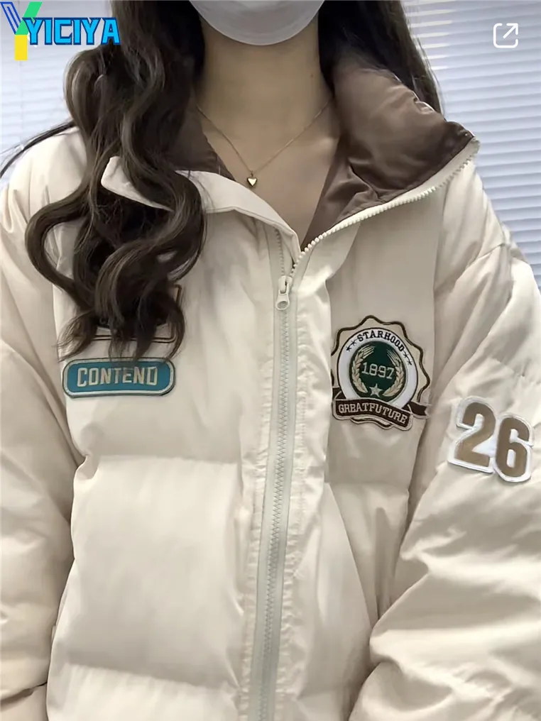 YICIYA American Retro Badge Embroidery High Collar Thickened Warm Cotton Clothing Women's Winter Loose Fashion Solid Coat Jacket