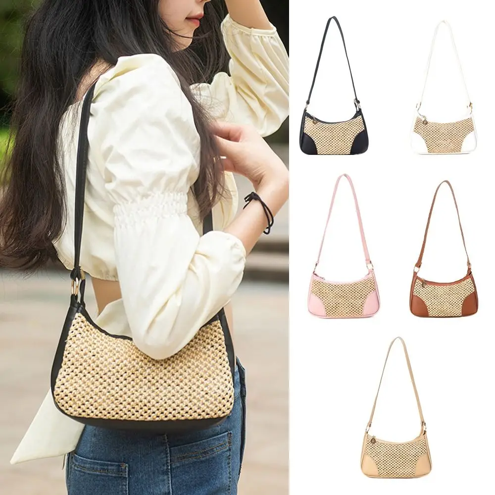 

Hollow Straw Woven Underarm Bag Elegant Large Capacity Patchwork All-match PU Leather Outdoor