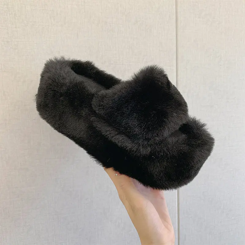 

Роскошные меховые теплые тапочки, женская сексуальная обувь на толстом высоком каблуке около 6-8 см, Зимние новые туфли-лодочки на платформе,...