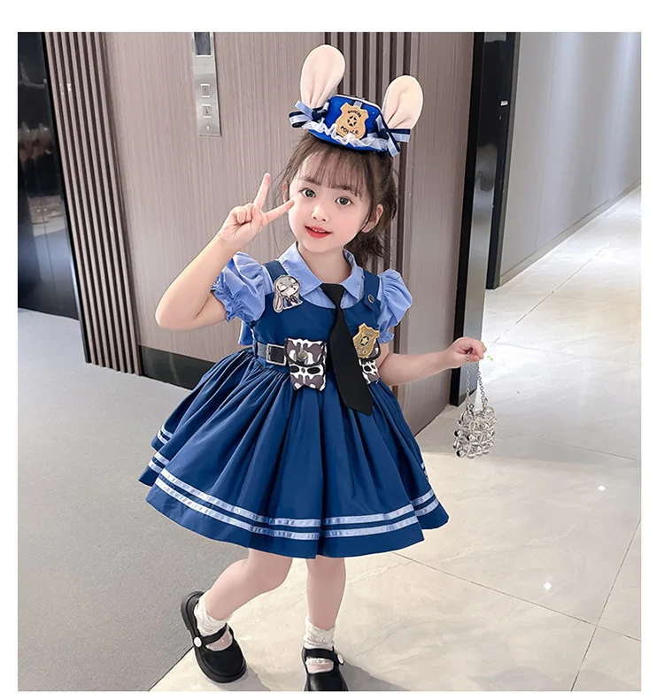 

Girl Dress Set Judy Rabbit Police Officer Cosplay Suit 2023 Summer New Cartoon Lolita Fake Two-piece Dresses for Girls Costume