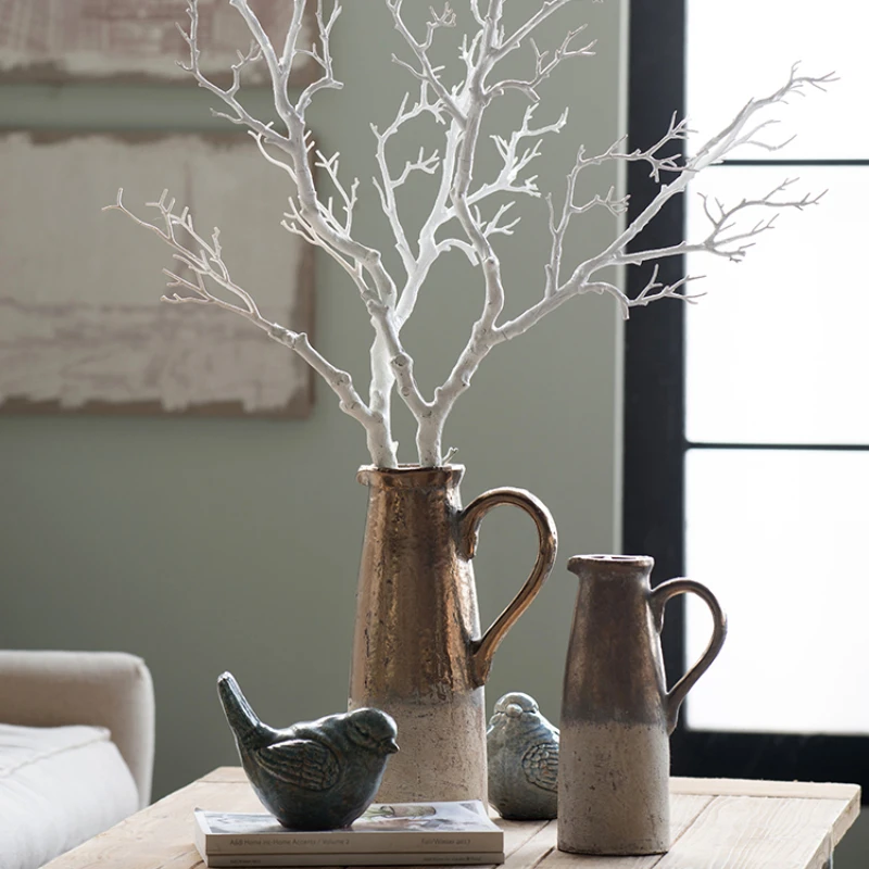 Ваза из грубой керамики винтажный Состаренный орнамент Цветочная композиция для