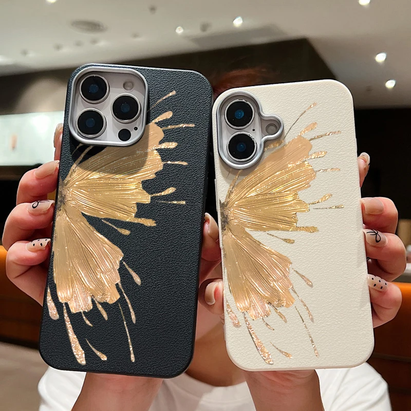 Чехол с позолоченной бабочкой для iPhone 16 Pro Max роскошный кожаный чехол текстурой