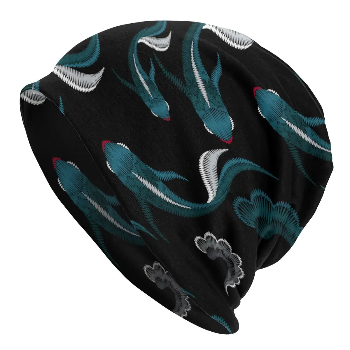 Embroidery Blue Ethnic Koi Fish Men's Beanies for Women Outdoor Bonnet Hats Unisex Knitted Hat Hip Hop Cap