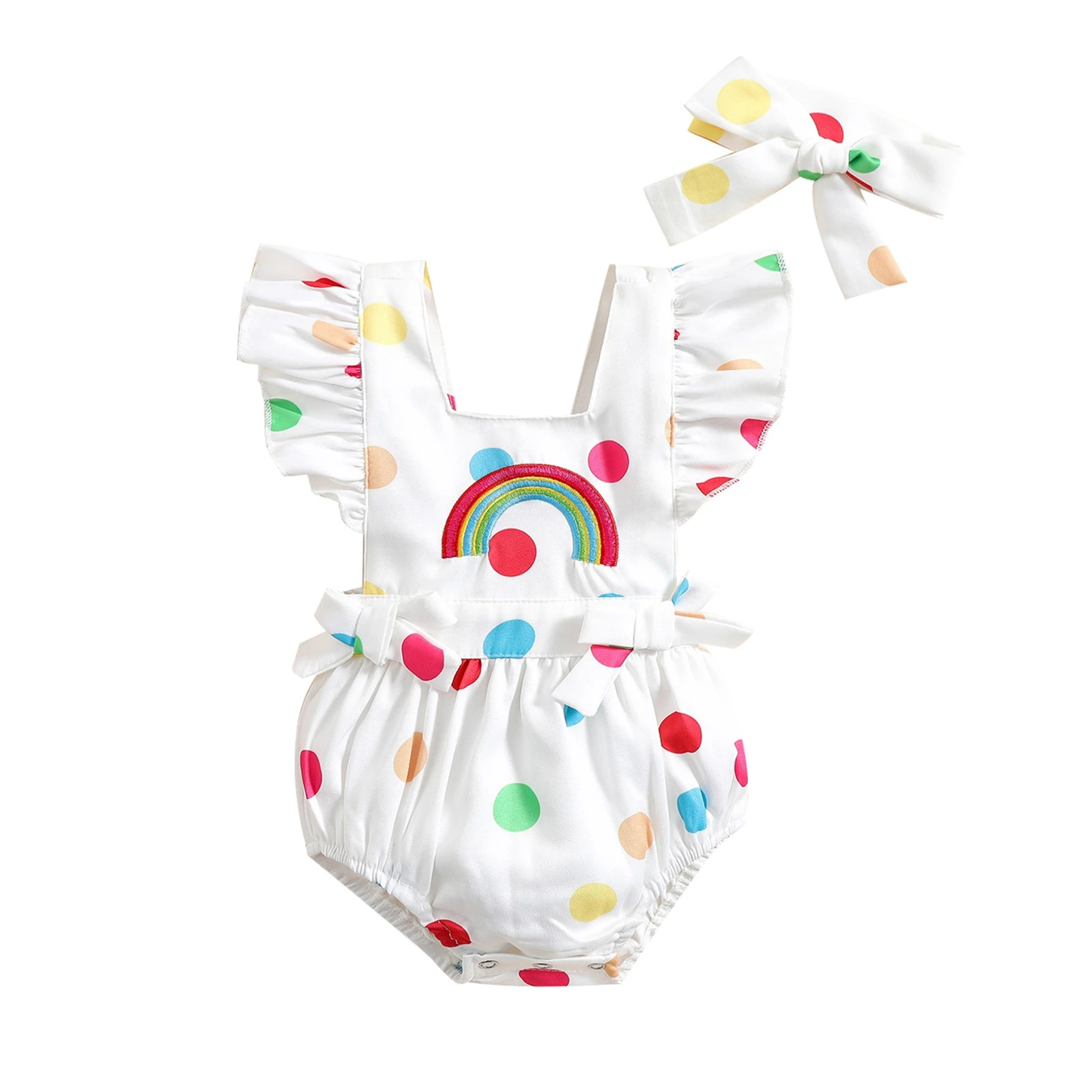 

2022-05-24 Lioraitiin 0-24M боди для новорожденных младенцев девочек в горошек с ремешком на шею с рукавами-фонариками комбинезон повязка на голову