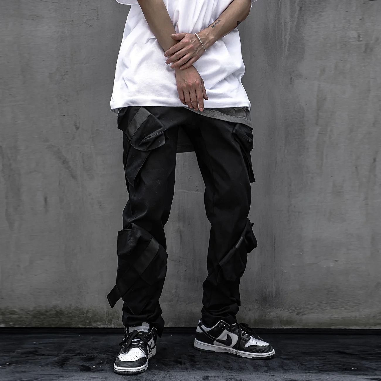 Hop Hip Cargo Pants Mens Streetwear Punk Irregular Pockets Pants Tactical Functional Joggers Men Trousers Black