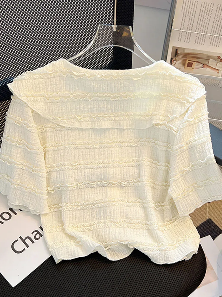 y w stylu francuskim Słodkie szyfonowe koszule z kołnierzykiem Piotruś Pan Kobiety Nowy szyk Krótki rękaw Plisowany top Jesień 2024 Eleganckie