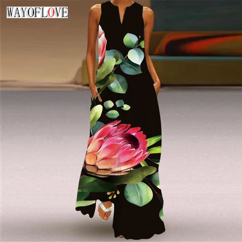 

WAYOFLOVE Spring Summer Women Long Dress Beach Casual Sleeveless V Neck Elegant Vestidos Party Fashion Flowers Print Black Dress